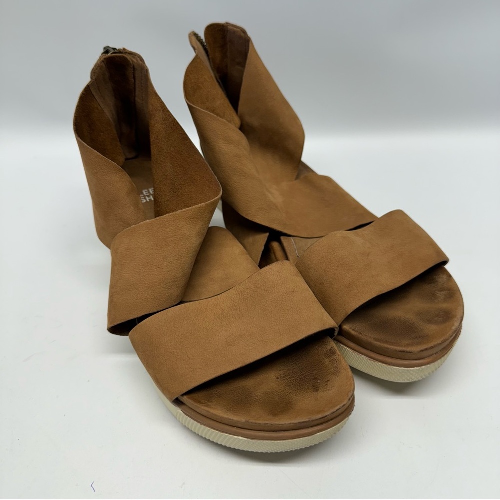 Eileen Fisher Sandals Sport Suede Platform Leather Straps Sz 6 Zip Heel Brown